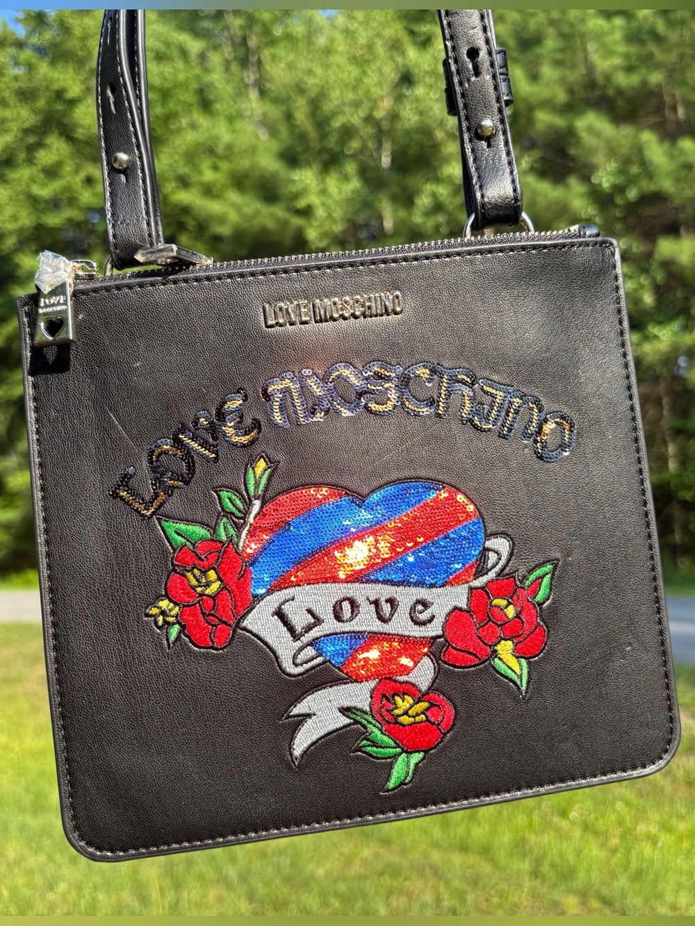 Love Moschino Sequin Heart Shoulder Bag with Floral Embroidery